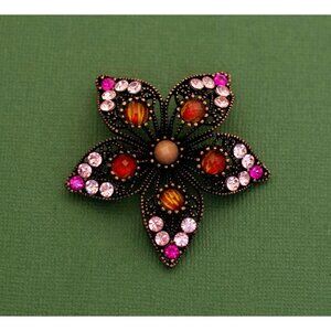 Vintage Art Deco Copper Tone Gemstone Star Brooch K1